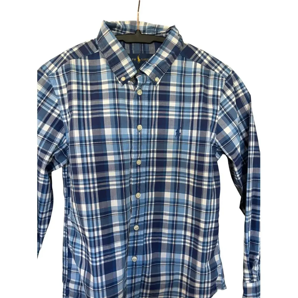 Boys Blue Plaid Button Down Shirt Ralph Lauren Size Medium 10 12